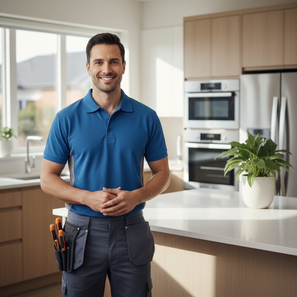 Smiling appliance repair technician standing in a modern bright kitchen