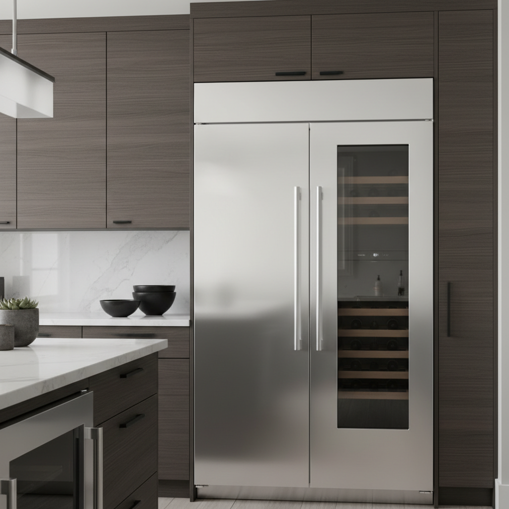 Modern high-end kitchen close-up with built-in refrigerator and wine cooler