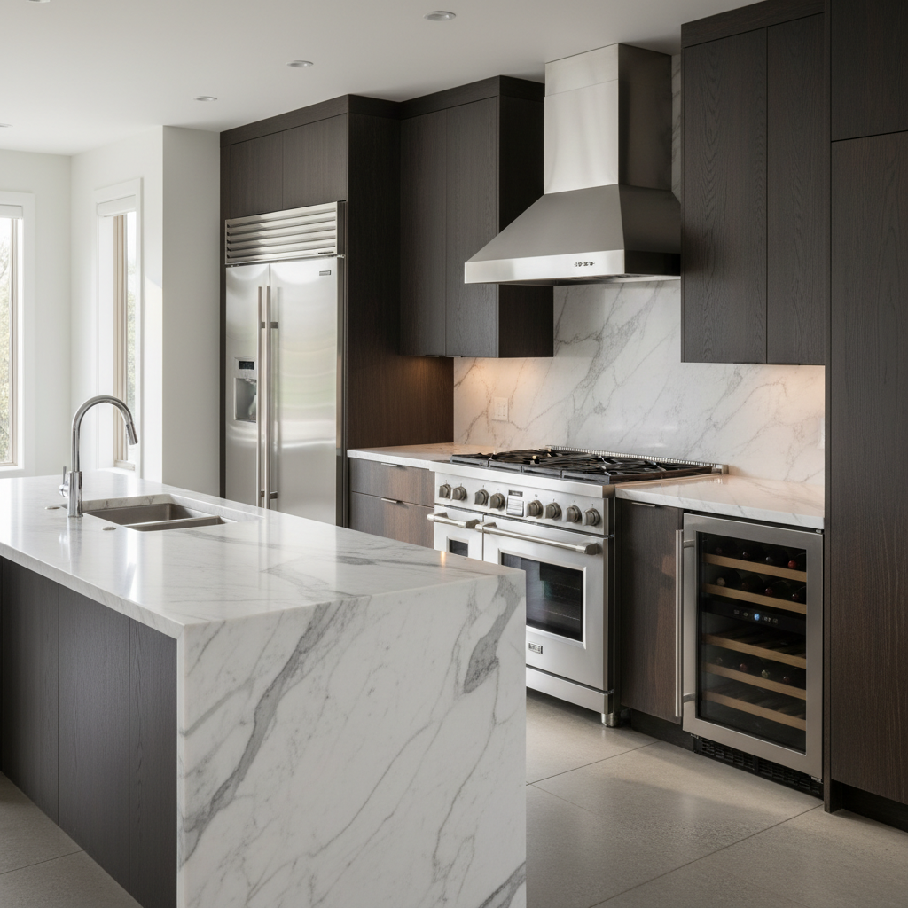 Luxury modern kitchen with stainless steel Viking-style appliances