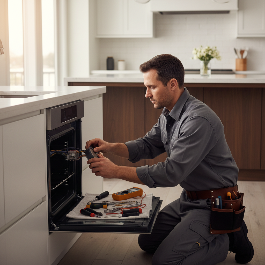 Appliance repair technician repairing a built-in oven in a bright modern kitchen